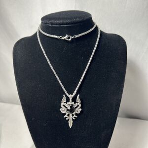 Gothic Dragon Sword Dagger Cross Pendant Necklace Silver Tone 24” Chain